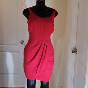 BRAND NEW SANDRA DARREN RED ROUNDNECK WITH BLACK PEARL'S EMBELLISHMENTS DRESS